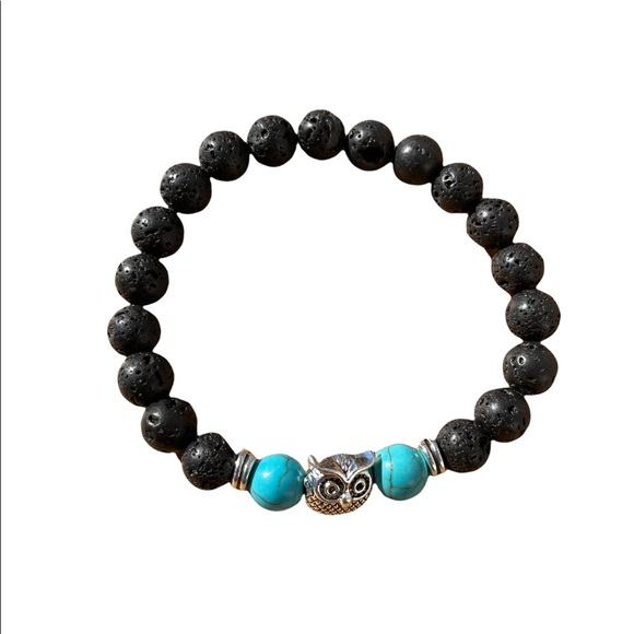 Hand Crafted Jewelry - Turquoise stone and Black Lava Stone Owl Bracelet